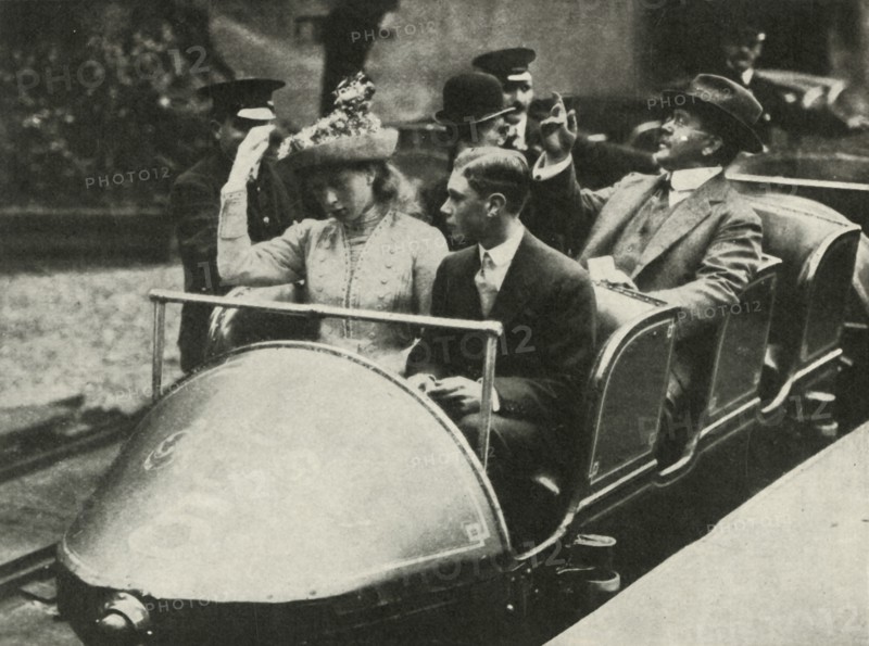 His Majesty and Princess Mary on the Alpine Railway, Earl's Court Exhibition, 1913', 1937.