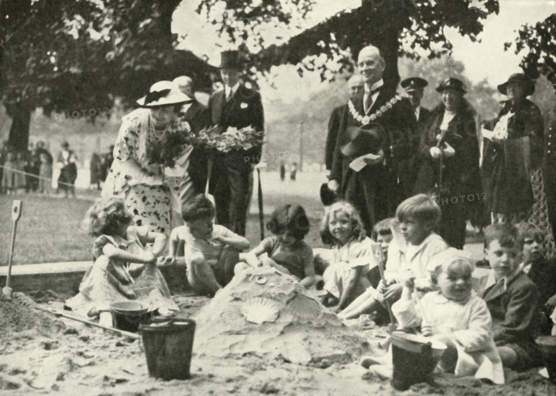 'Her Majesty ..., at the New Playground on the Site of the Old Foundling Hospital', 1936, 1937. Creator: Unknown.
