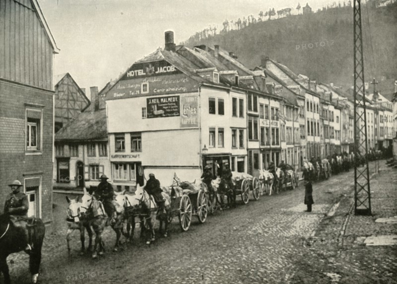 Our Transport Passing Through Malmedy, the First German Town Over the Frontier', (1919).