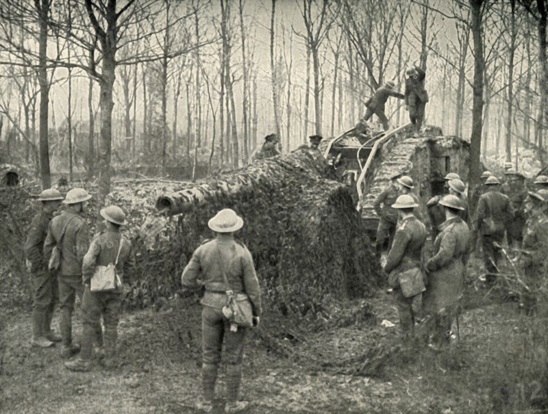 A Landship Bringing in Under Camouflage a 5.9 German Naval Gun', (1919).