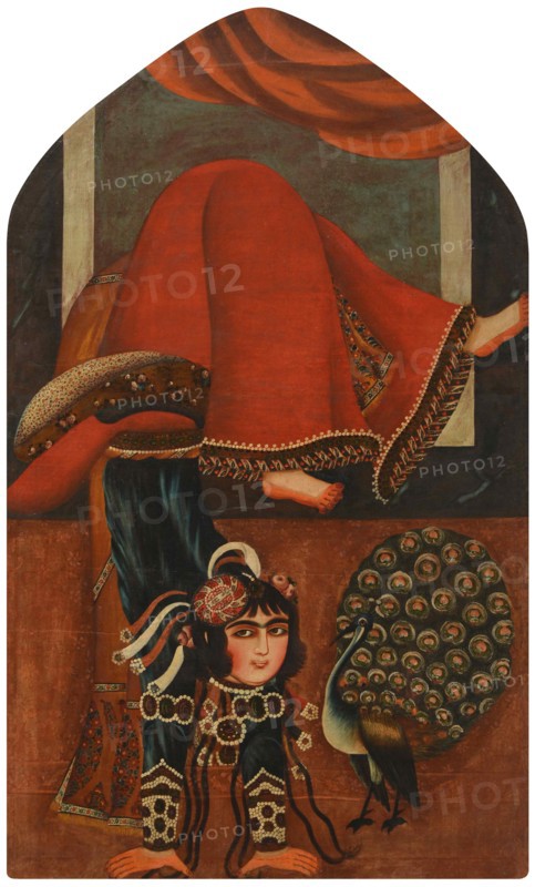 Acrobat and a peacock, ca 1825.