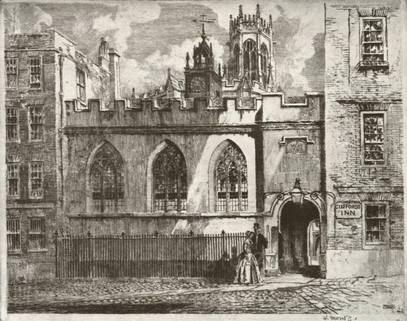 Clifford's Inn Hall and Clock Turret, with the Lantern Tower of St. Clement Danes Beyond', 1934.