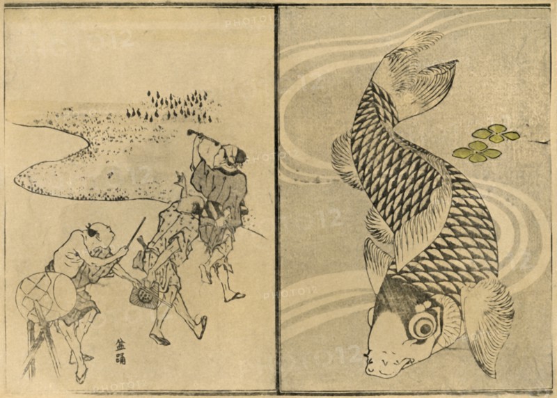 Three men, and carp, 1814, (1924).