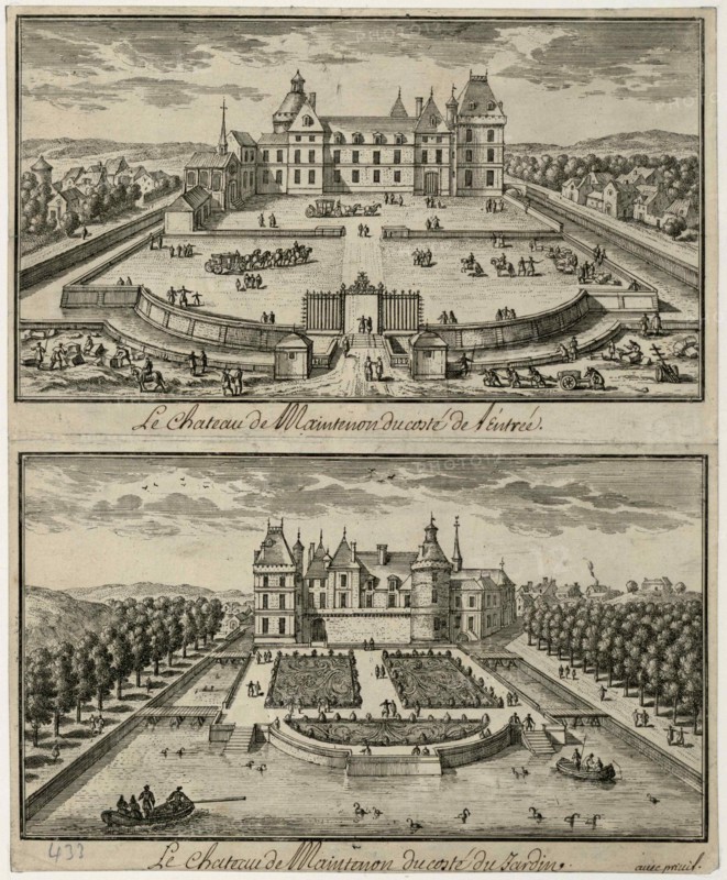 View of the Château de Maintenon from the entrance and from the garden, 17th century.