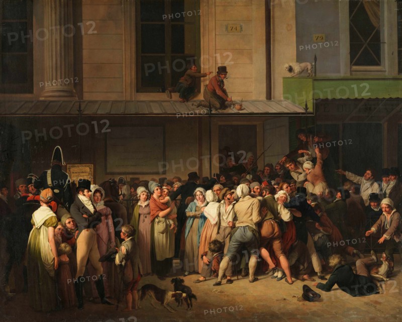 The entrance to the Théâtre de l'Ambigu-Comique on the day of a free show, ca 1819.
