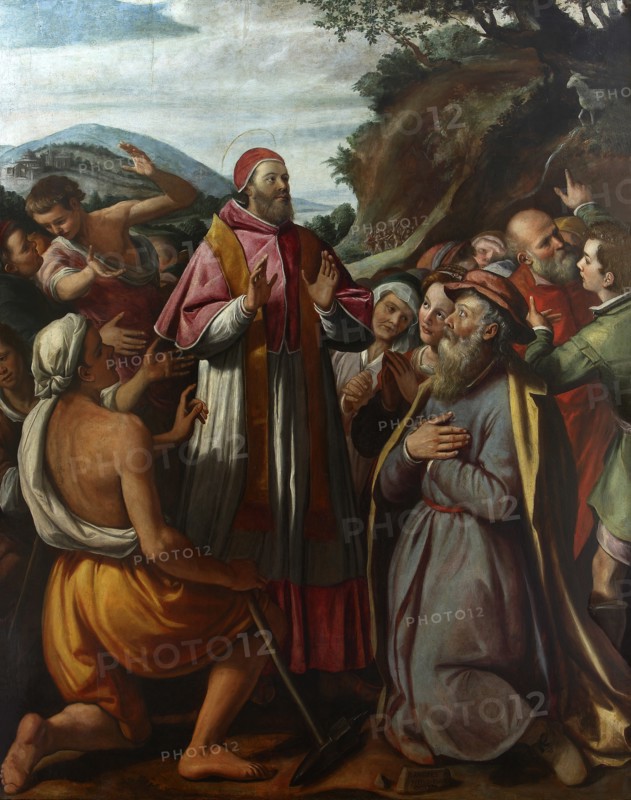 Saint Pope Clement I, surrounded by believers, 1592.