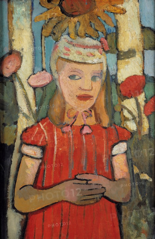 Girl in red dress in front of sunflower, 1907.