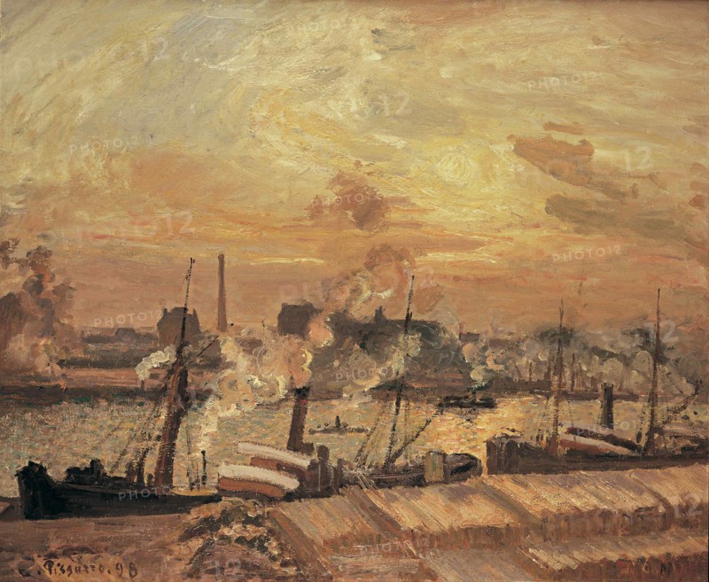Déchargement de bois, quai de la Bourse, coucher de soleil, 1898.