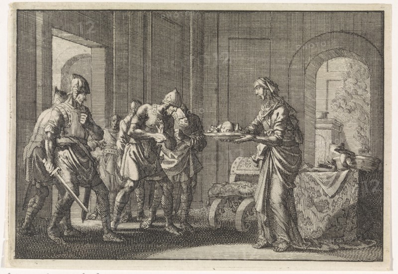 Mother shows warriors the remains of her eaten child during the famine in Jerusalem , 1704.