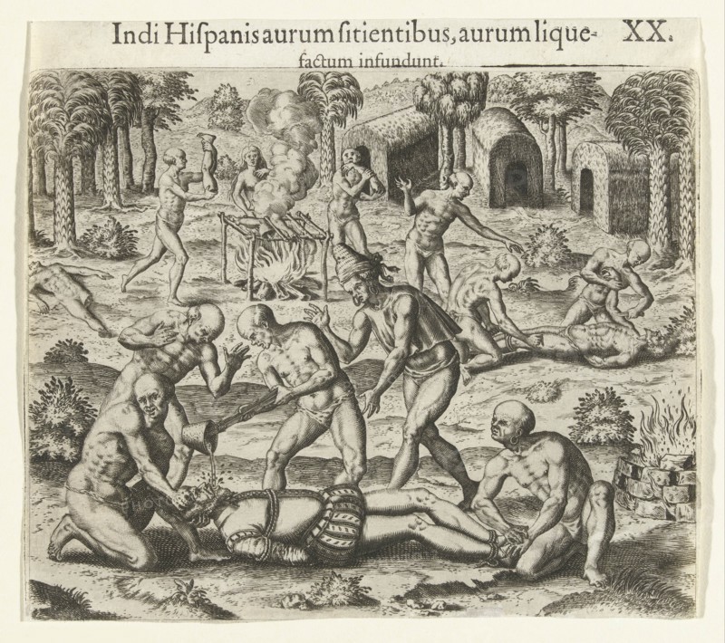 Indians pour liquid gold into the mouth of a Spaniard, 1594.