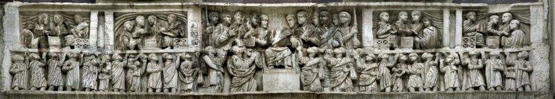 Constantine distributing money to the people (Liberalitas). Detail of the Arch of Constantine, 312-3