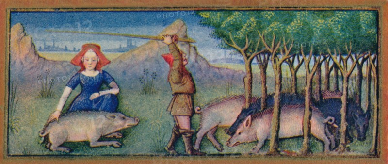 October - feeding pigs on acorns, 15th century, (1939).