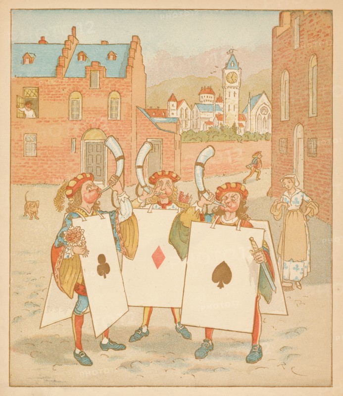 Horn-blowers wearing playing cards, 1880.