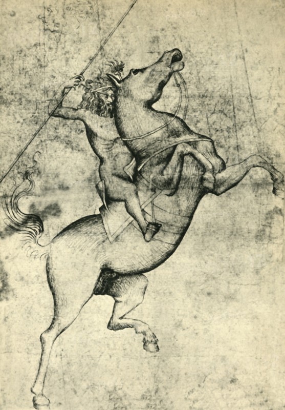 Naked man riding a horse, early 15th century, (1943).