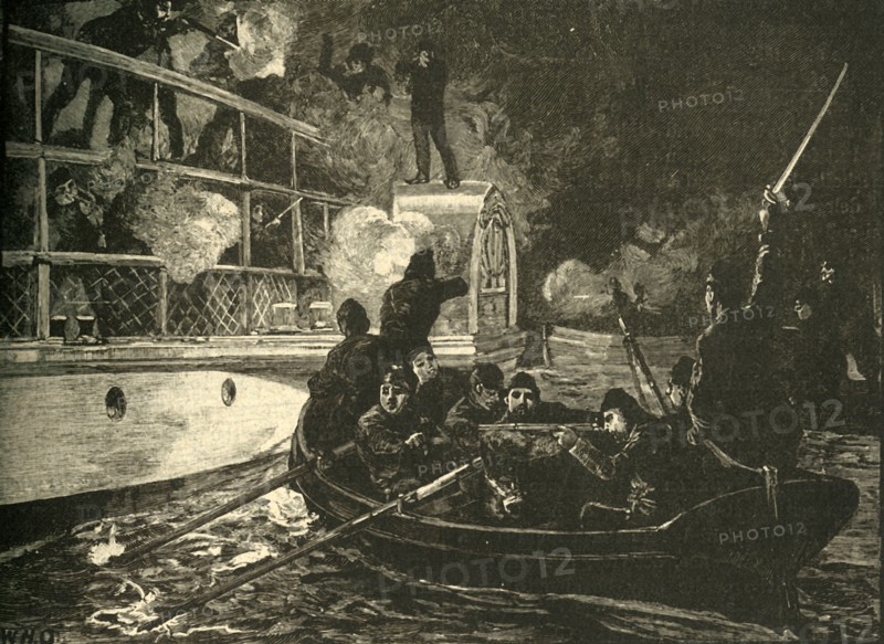 British forces capturing the Canadian rebel ship 'Caroline' on the Niagara River, 1837 (c1890).)