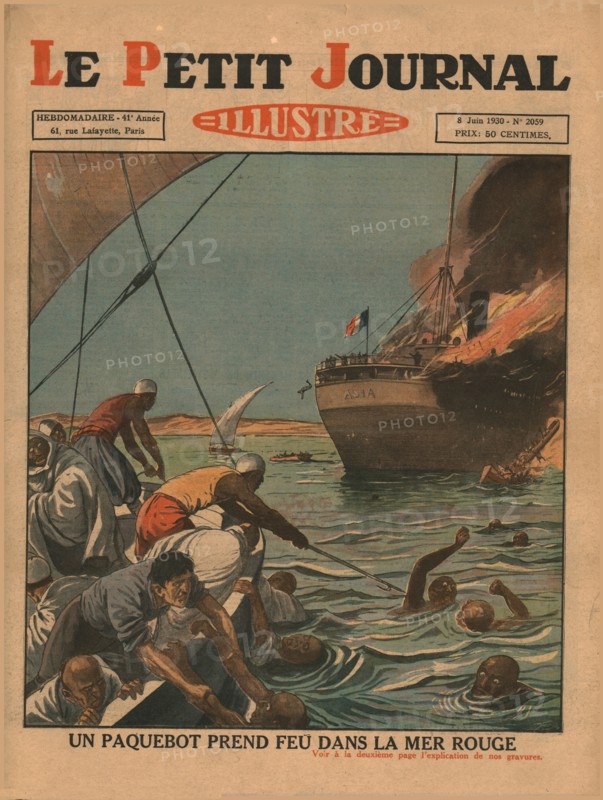 A ship catches fire in the Red Sea,1930