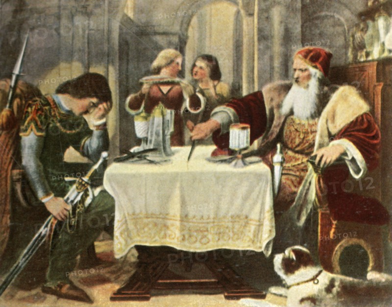 Eberhard cuts in half the tablecloth between himself and his son Ulrich,1377