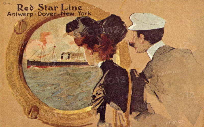 Passengers looking through the porthole on board a Red Star ocean liner, c1900