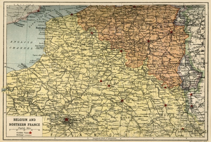 Map of Belgium and Northern France, c1914, (c1920).  Creator: John Bartholomew & Son.