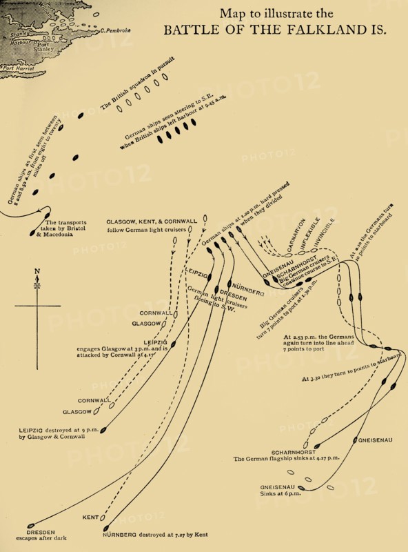 Map illustrating the Battle of the Falkland Islands on 8 December 1914, (c1920). Creator: Unknown.