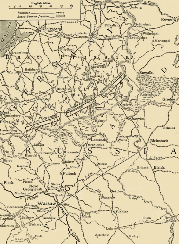 'Sketch Map to Illustrate the German Attack north of Warsaw in February, 1915', (c1920). Creator: Unknown.