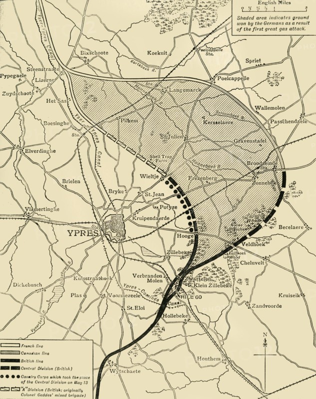 'The Ypres Salient before and after the Second Battle of Ypres...', First World War, 1915, (c1920). Creator: Unknown.