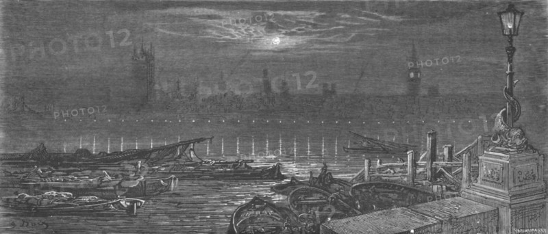 'The Houses of Parliament at Night', 1872.  Creator: Gustave Doré.