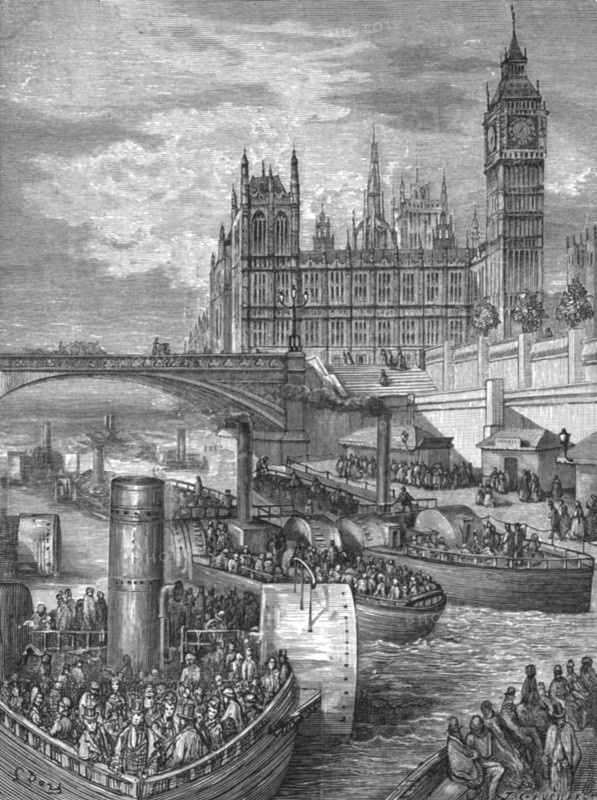 'Westminster Stairs - Steamers Leaving', 1872. Creator: Gustave Doré.