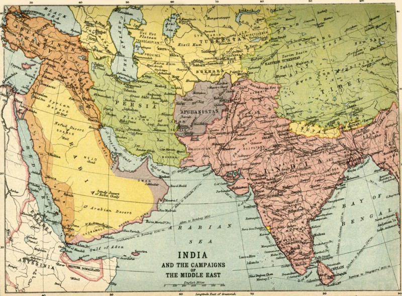 'India and the Campaigns of the Middle East', First World War, 1914-1918, (c1920). Creator: John Bartholomew & Son.