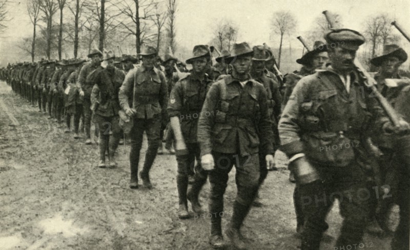 ANZAC soldiers marching to the front, France, First World War, c1916, (c1920). Creator: Unknown.