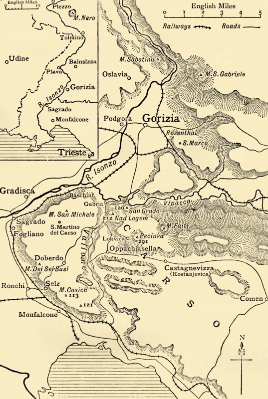 'Gorizia and the Carso: map illustrating the Italian advance towards Trieste in 1916', (c1920).  Creator: Unknown.