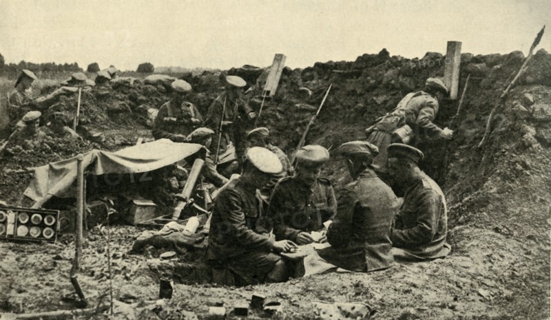 Soldiers playing cards in the trenches, First World War, c1916, (c1920).  Creator: Unknown.