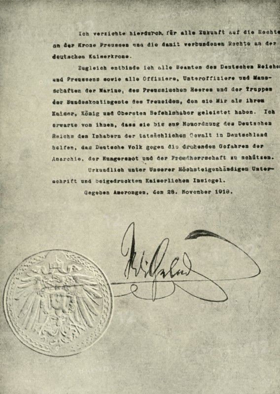 'Facsimile of the Deed of Abdication of the German Emperor, William II', 1919, (c1920). Creator: Unknown.
