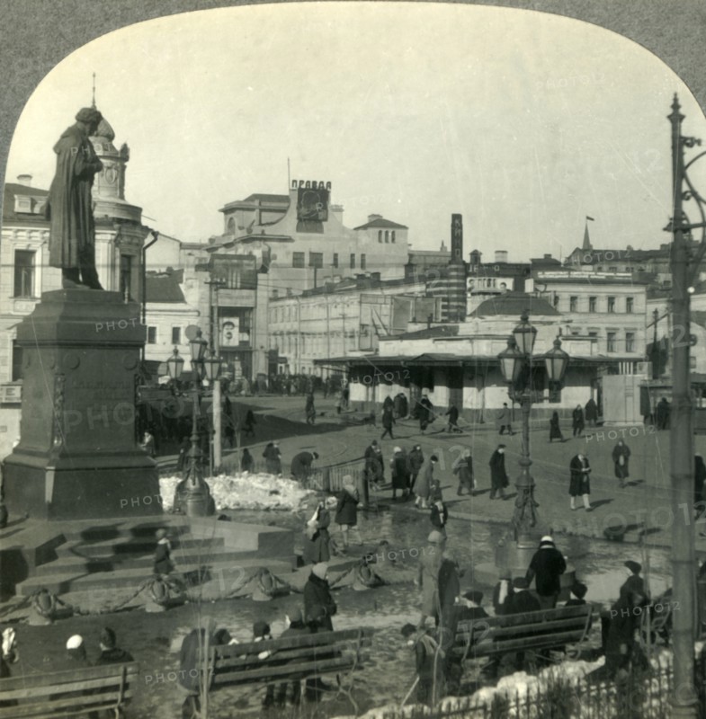 'The Pushkin Monument in the Strastnaya Plochad, Moskva (Moscow), U.S.S.R. (Russia)', c1930s. Creator: Unknown.