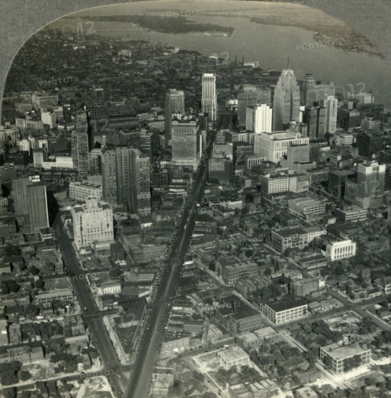 'Skyscrapers of Downtown Detroit - Michigan Ave. to Detroit River and Belle Isle Park', c1930s. Creator: Unknown.