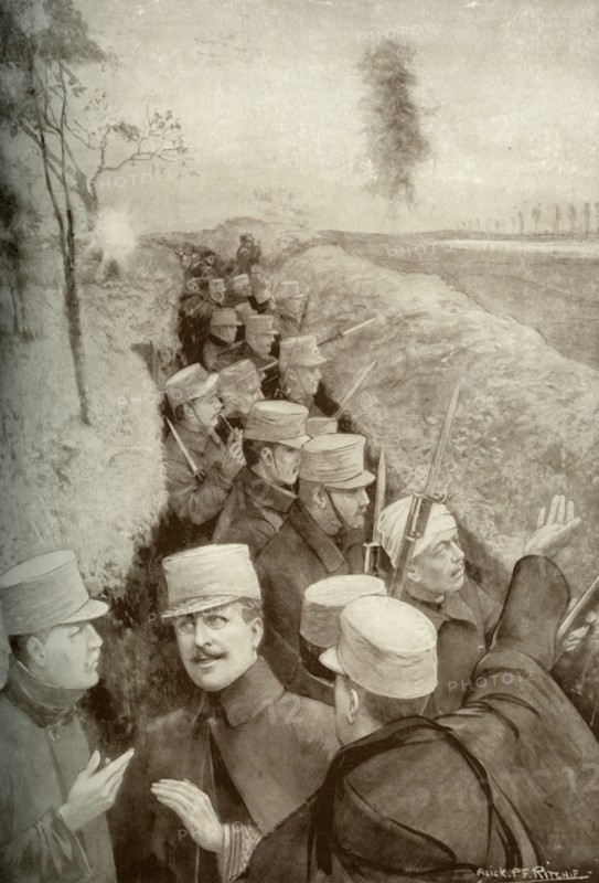 'The Hero King of Belgium in the Trenches with his Soldiers', 1915. Creator: Unknown.