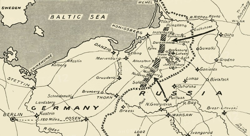 'Map illustrating the Russian Invasion of East Prussia', 1915. Creator: Unknown.