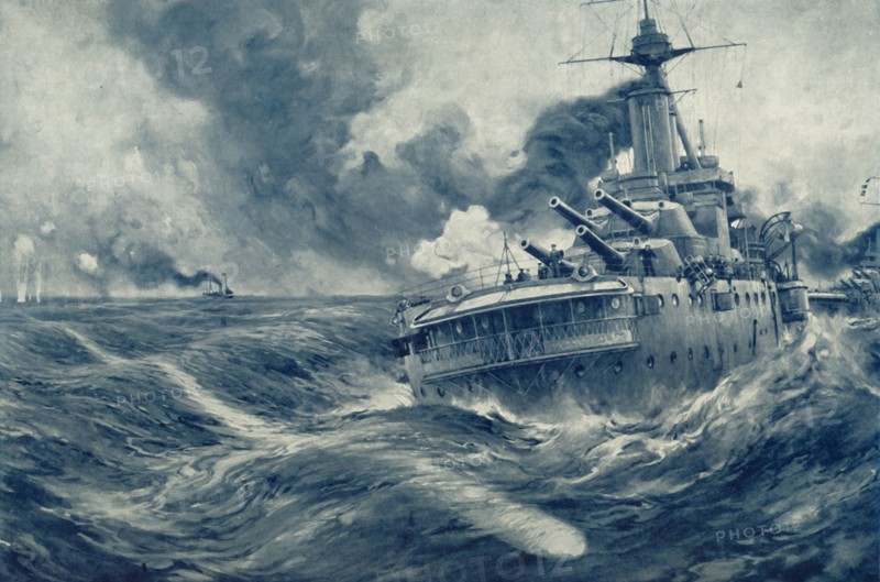 'Missed! U Boat's Torpedo Passes Beyond the Stern of British War Vessel', 1916. Creator: Unknown.