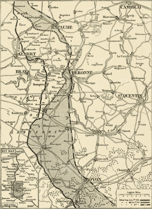 'Map Showing German Retreat in the West, 1917', 1917. Creator: Unknown.