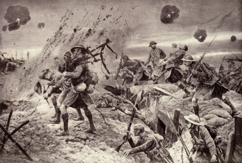 The Campbells are Coming! Brave Pipers Playing Highland Regiments to Victory', 1917. Creator: Unknown.