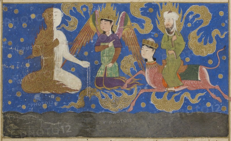 Ascent of Muhammad to Heaven. From Miraj Nameh, 1436. Creator: Anonymous.