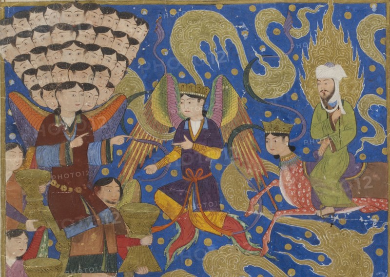 Ascent of Muhammad to Heaven. From Miraj Nameh, 1436. Creator: Anonymous.