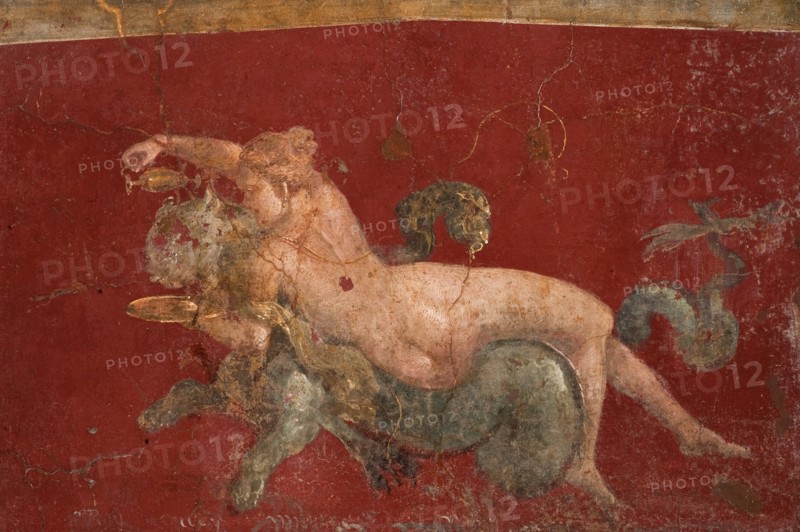 The nereid on a sea beast (sea-panther), 1st H. 1st cen. AD. Creator: Roman-Pompeian wall painting.