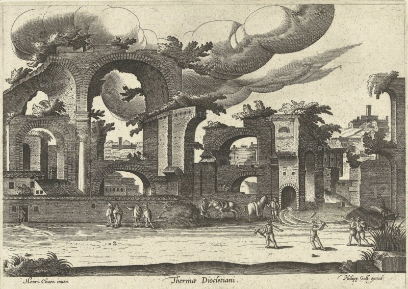 Ruins of the Baths of Diocletian from the side with two men playing croquet in the foreground, 1585. Creator: Cleve, Hendrik van, III (ca 1525-1590).