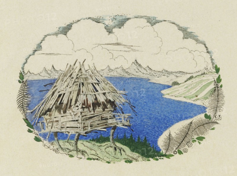 The Hut on Chicken Legs. Illustration to the poem Ruslan and Lyudmila by A. Pushkin, 1921-1926. Creator: Chekhonin, Sergei Vasilievich (1878-1936).
