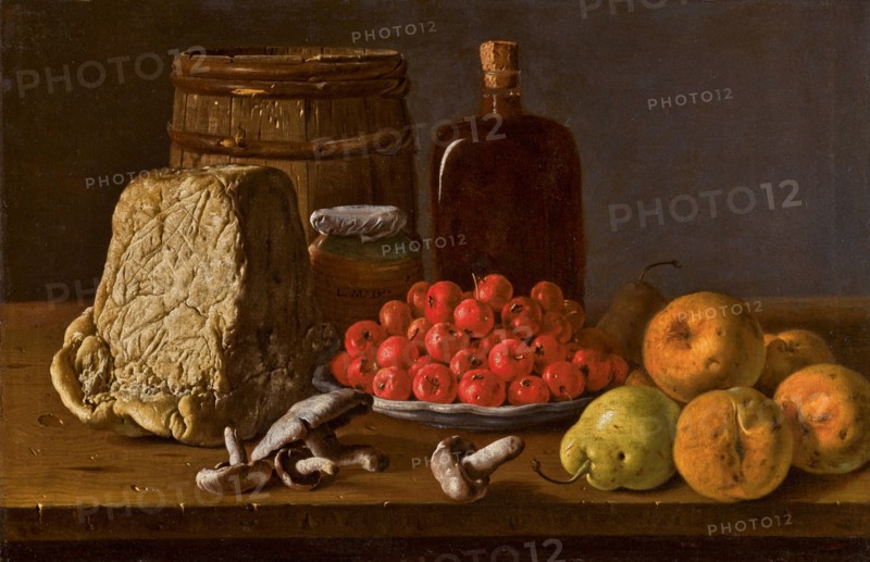 Still life with a plate of azaroles, fruit, mushrooms, cheese and receptacles. Creator: Meléndez, Luis Egidio (1716-1780).