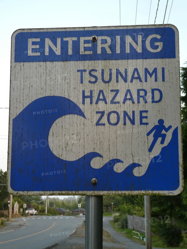 Tsunami warning road sign, British Columbia, Canada 2018. Creator: Unknown.