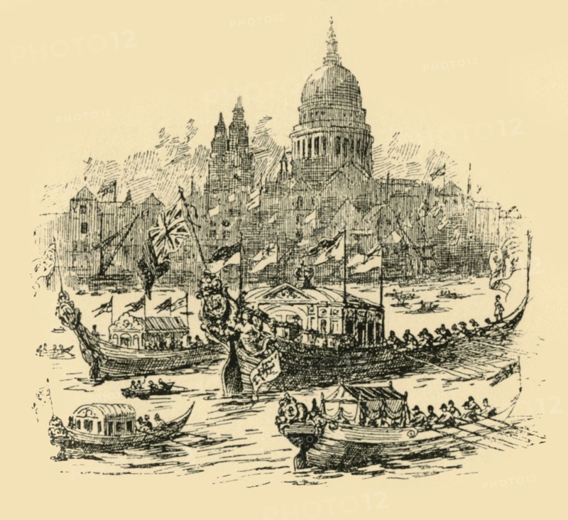 'A grand procesiion of decorated barges from Whitehall to Limehouse', (1907). Creator: Unknown.