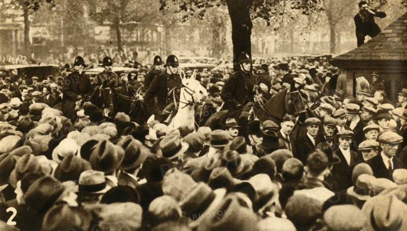 Mounted police and marchers, Means Test protests, Hyde Park, London, 1932, (1933). Creator: Unknown.
