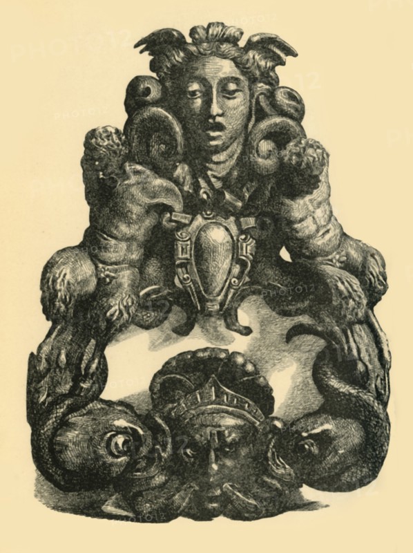 Door knocker with dolphins and satyrs, early 17th century, (1881). Creator: John Emms.